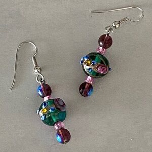 Handcrafted Colorful Lampwork Glass Dangle Earrings, Boho Style